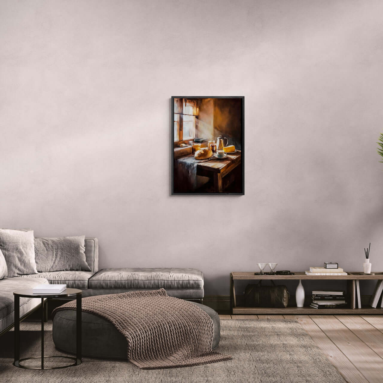 Loaf and Lightbeam - Poster showcasing rustic breakfast scene and warm sunlight, ideal wall art for modern decor.