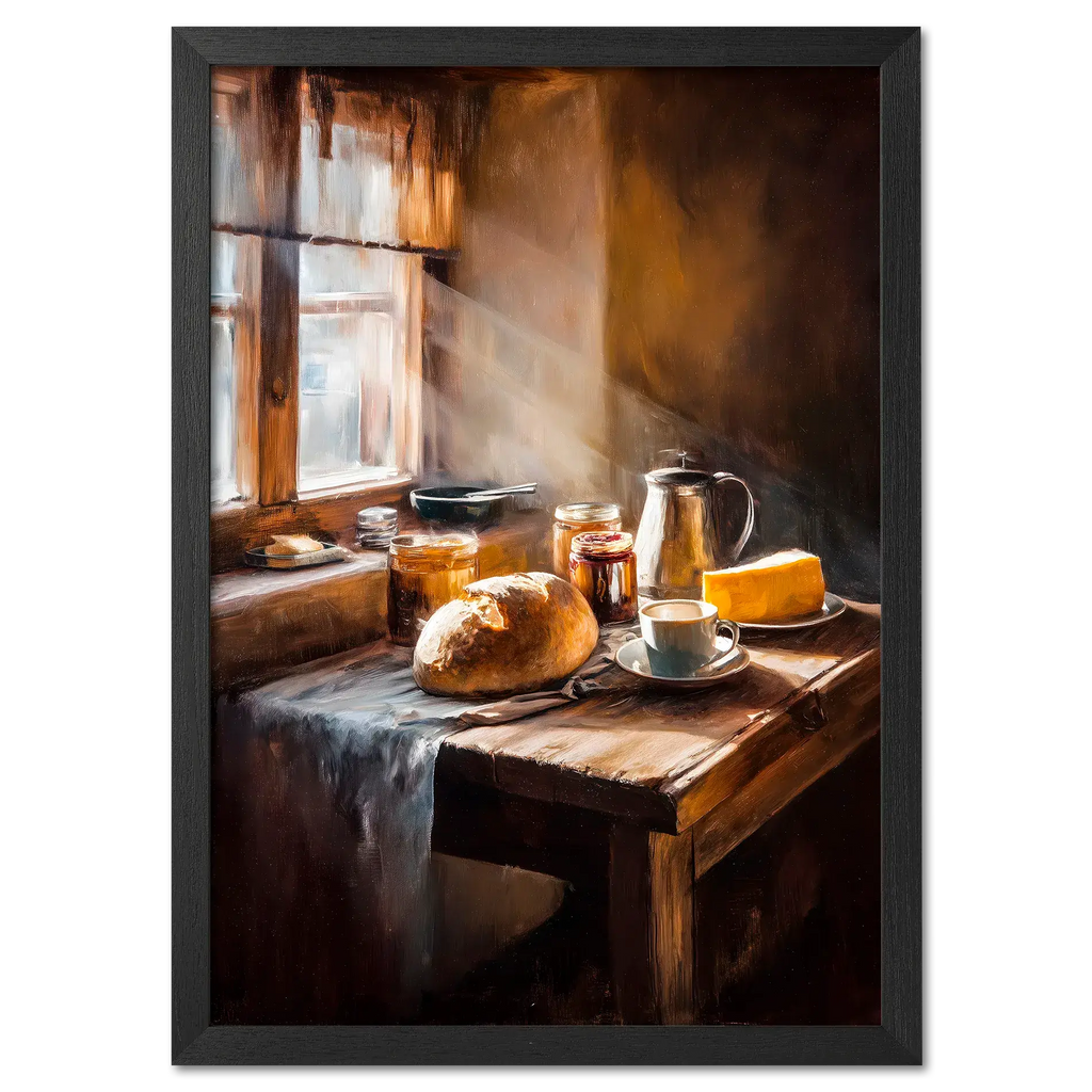Loaf and Lightbeam - Poster depicting a rustic breakfast scene with bread, coffee, and sunlight streaming through a window.