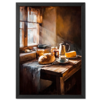 Loaf and Lightbeam - Poster depicting a rustic breakfast scene with bread, coffee, and sunlight streaming through a window.