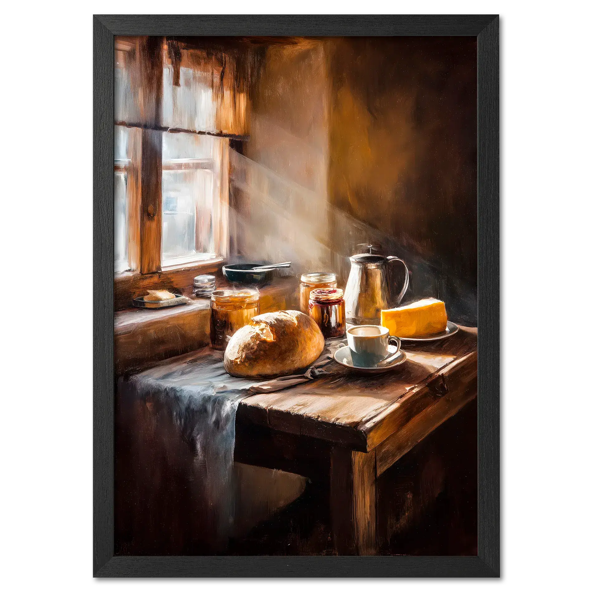 Loaf and Lightbeam - Poster depicting a rustic breakfast scene with bread, coffee, and sunlight streaming through a window.