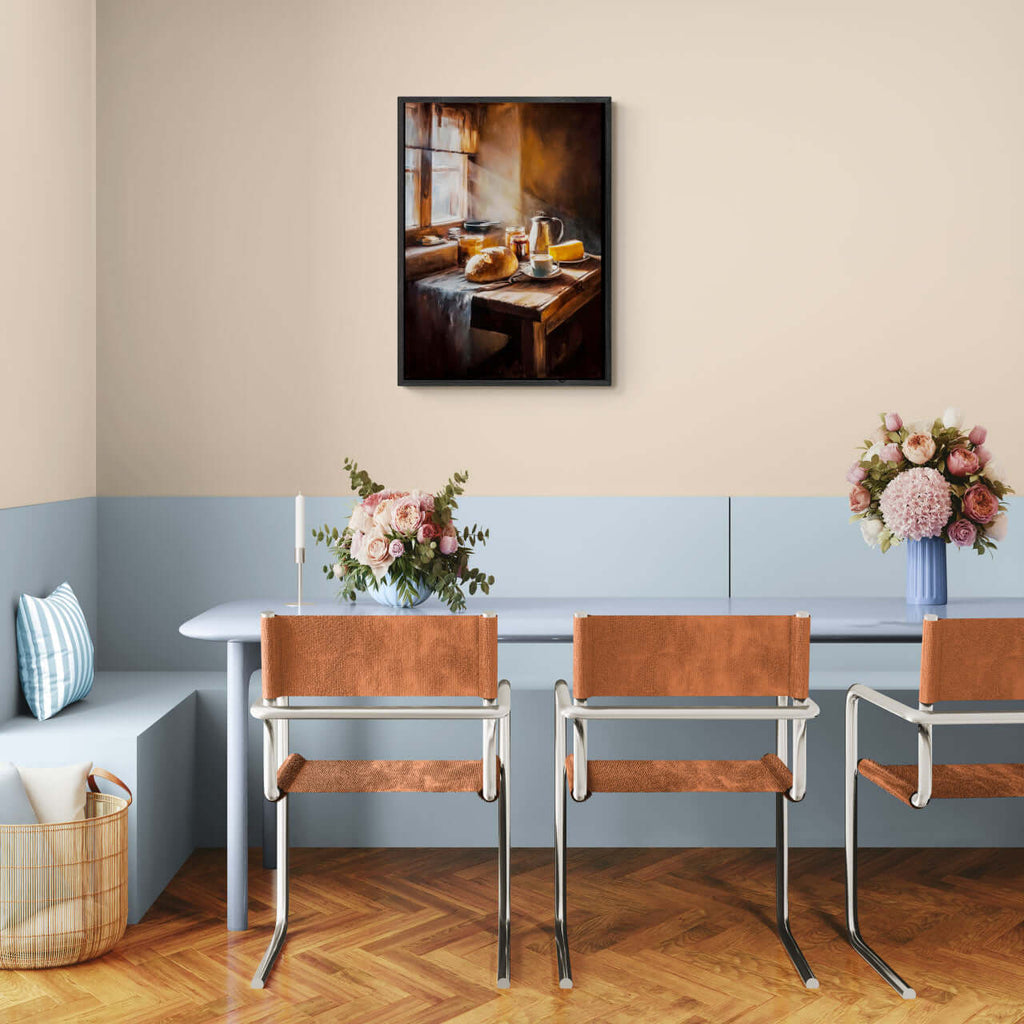Loaf and Lightbeam - Poster displayed in a modern dining area with cozy decor and warm lighting.