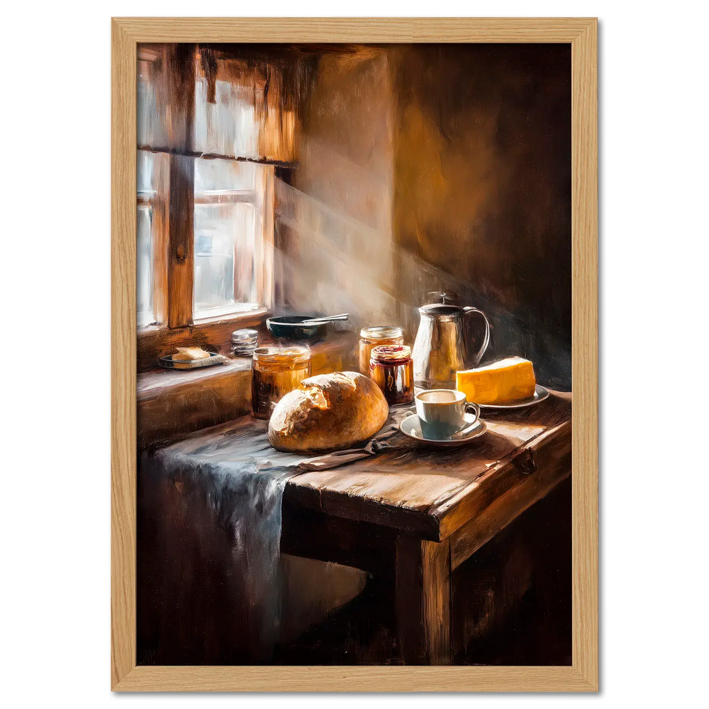 Loaf and Lightbeam - Poster showcasing a rustic alpine breakfast with bread, coffee, and sunlight streaming in.