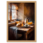 Loaf and Lightbeam - Poster showcasing a rustic alpine breakfast with bread, coffee, and sunlight streaming in.
