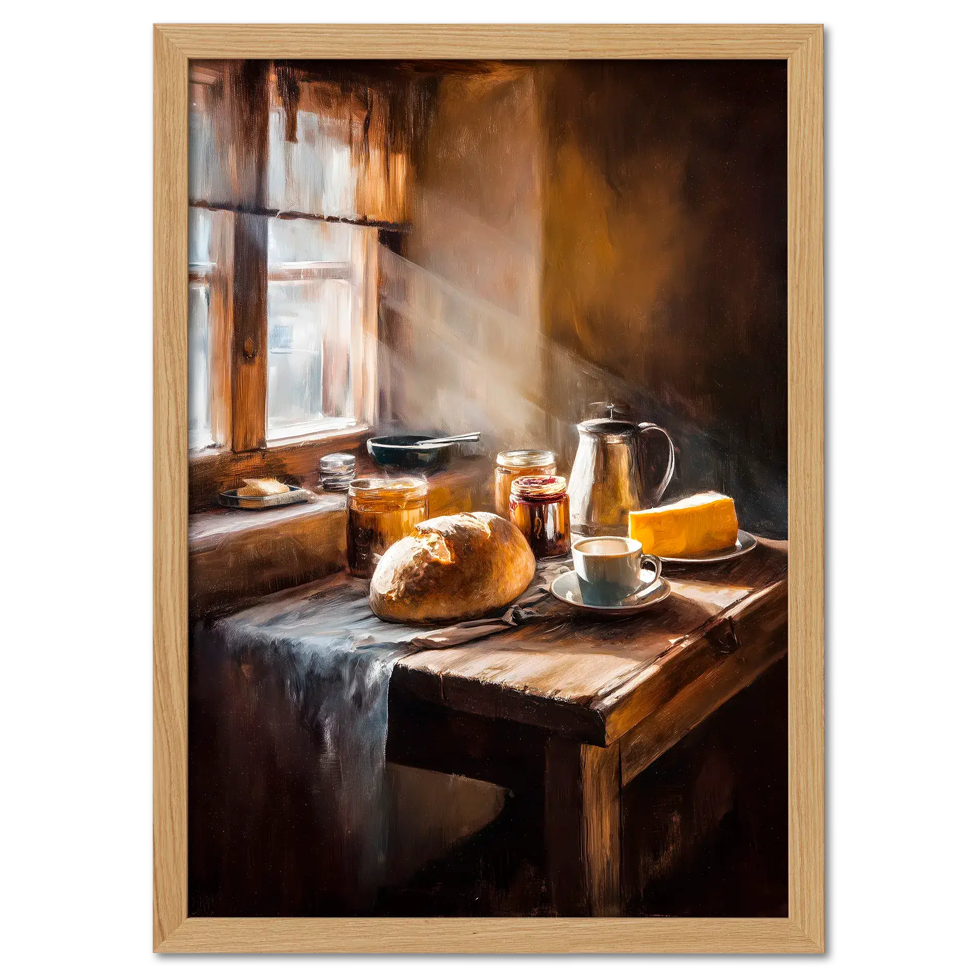 Loaf and Lightbeam - Poster showcasing a rustic alpine breakfast with bread, coffee, and sunlight streaming in.