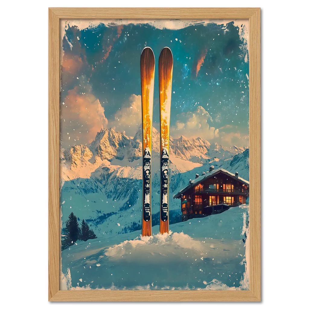 Ski into Serenity - Poster featuring wooden skis in fresh snow, alpine mountains, and a cozy chalet under soft snowfall.