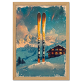 Ski into Serenity - Poster featuring wooden skis in fresh snow, alpine mountains, and a cozy chalet under soft snowfall.