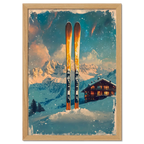 Ski into Serenity - Poster featuring wooden skis in fresh snow, alpine mountains, and a cozy chalet under soft snowfall.