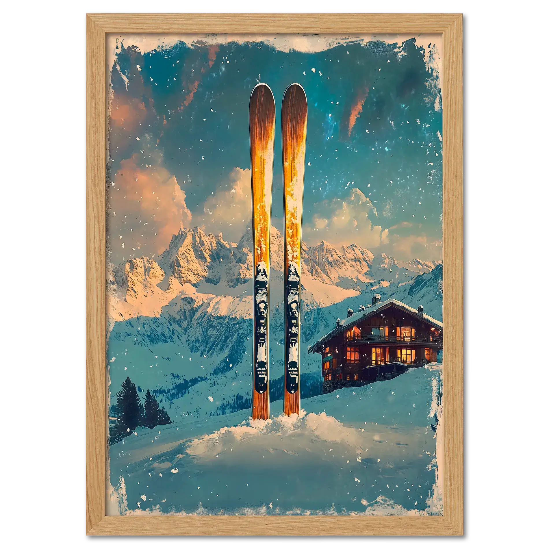 Ski into Serenity - Poster featuring wooden skis in fresh snow, alpine mountains, and a cozy chalet under soft snowfall.