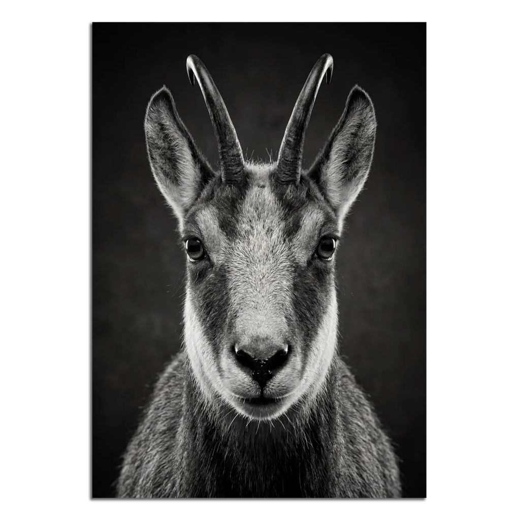 Serenity of a Chamois - Alpine Wall Art featuring a detailed portrait of an Alpine chamois with striking horns.