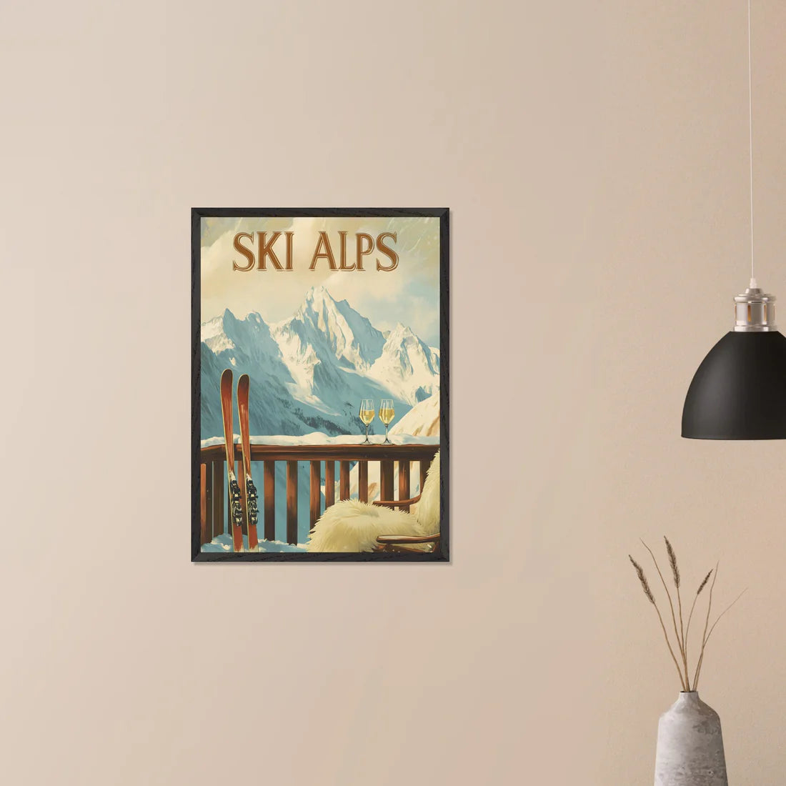 Serenity of Ski Alps - Poster featuring skis, wine glasses, and mountain scenery in a cozy interior setting.