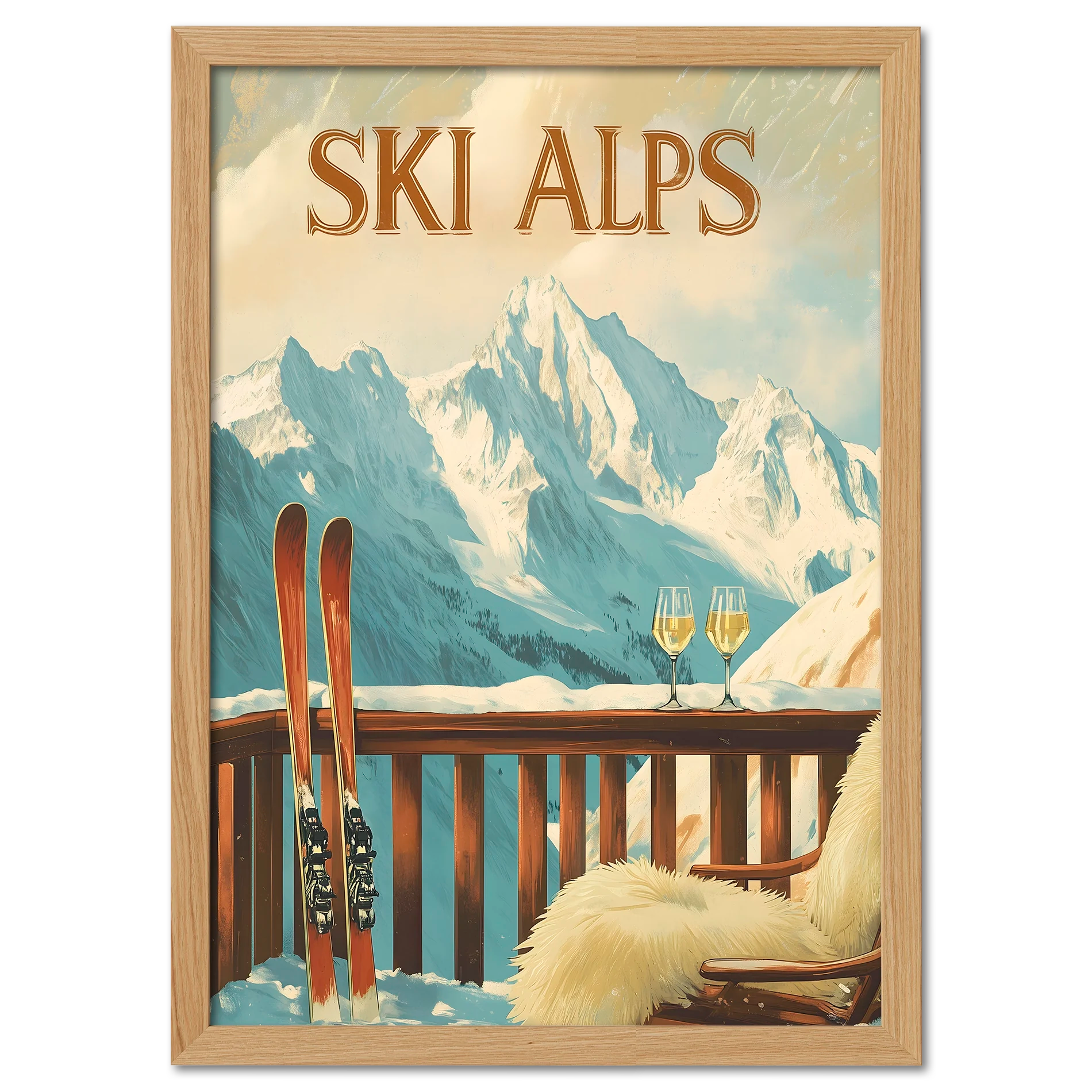 Serenity of Ski Alps - Poster featuring a winter terrace with skis and wine glasses against snowy mountains.