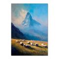 Sheep Below Matterhorn - Poster featuring grazing sheep in an alpine meadow under the Matterhorn mountain.