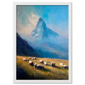 Sheep Below Matterhorn - Poster showing grazing sheep in an alpine meadow beneath the Matterhorn wrapped in morning mist.