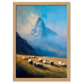 Sheep Below Matterhorn - Poster featuring grazing sheep in an alpine meadow with the Matterhorn in the background.