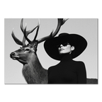 Silent Dialogue Woman and Deer – Alu-Dibond wall art featuring a striking contrast between a deer and a woman.