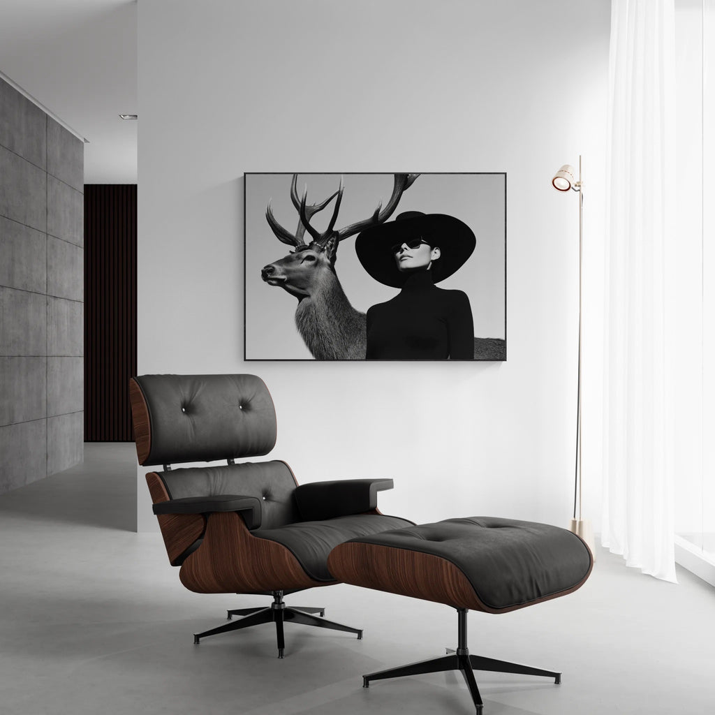 Silent Dialogue Woman and Deer – Alu-Dibond wall art displayed in a chic modern living room.