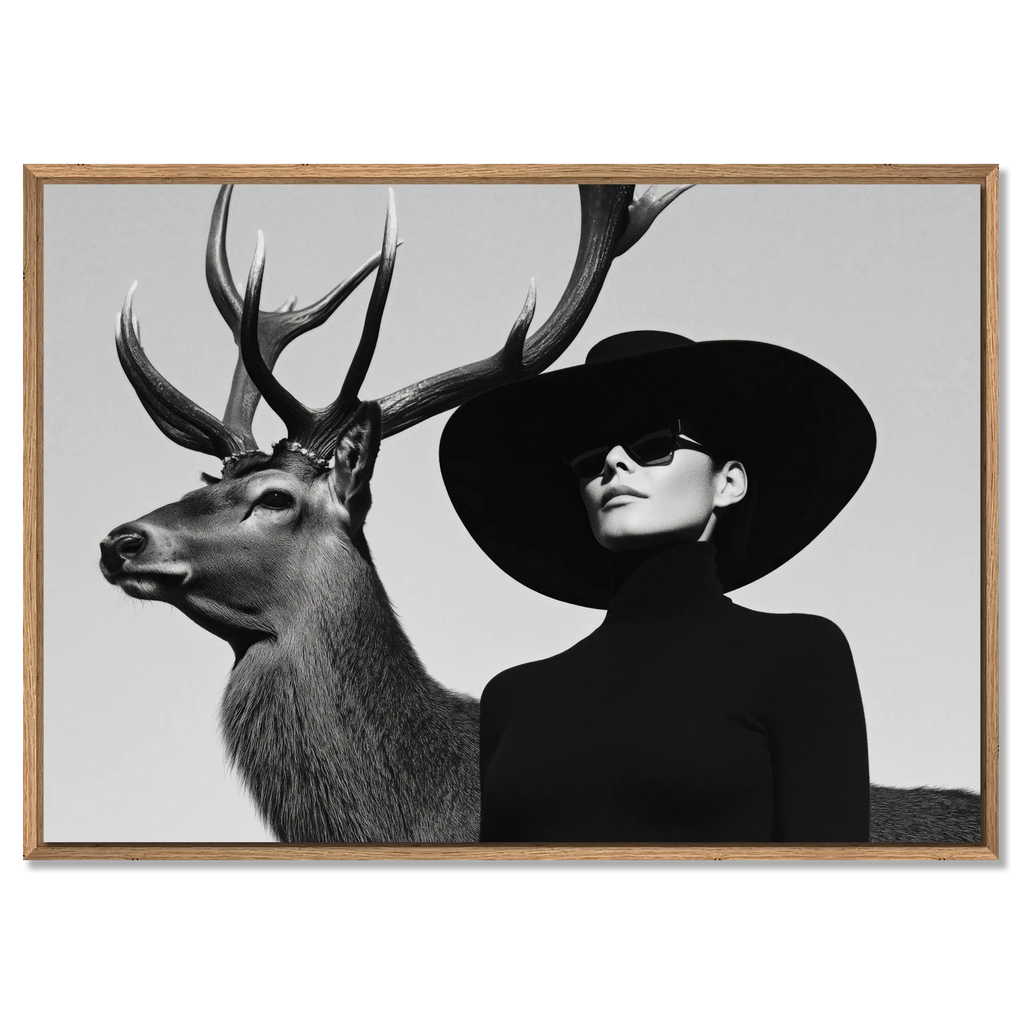 Silent Dialogue Woman and Deer – Alu-Dibond wall art featuring a striking contrast of a deer and a stylish woman.