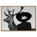 Silent Dialogue Woman and Deer – Alu-Dibond wall art featuring a striking contrast of a deer and a stylish woman.