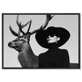 Silent Dialogue Woman and Deer – Alu-Dibond wall art featuring a striking woman and deer in monochrome.