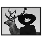 Silent Dialogue Woman and Deer – Alu-Dibond wall art featuring a striking woman and deer in monochrome.
