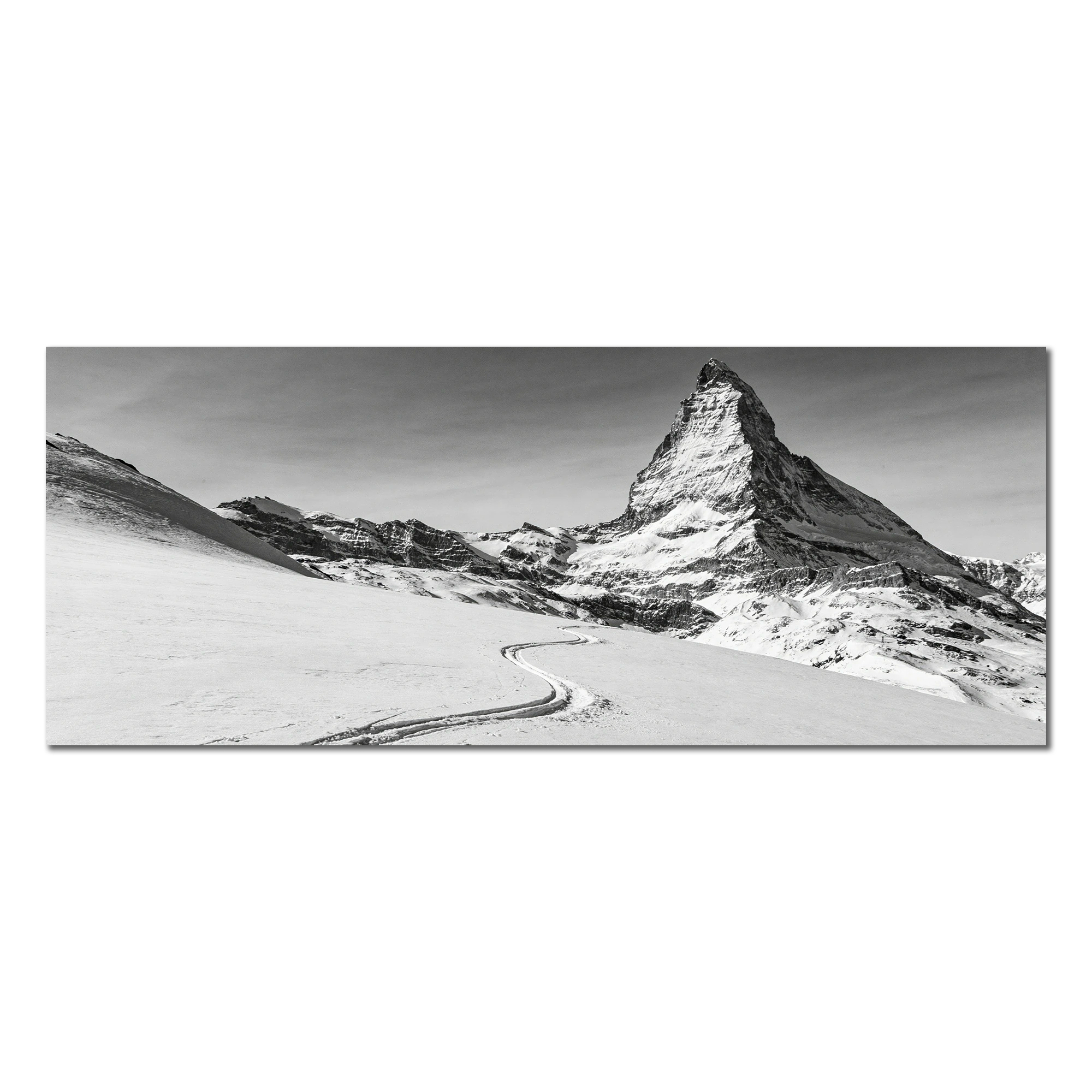 Silent Route to the Matterhorn – Alu-Dibond wall art depicting a ski track leading to the Matterhorn in a snowy landscape.