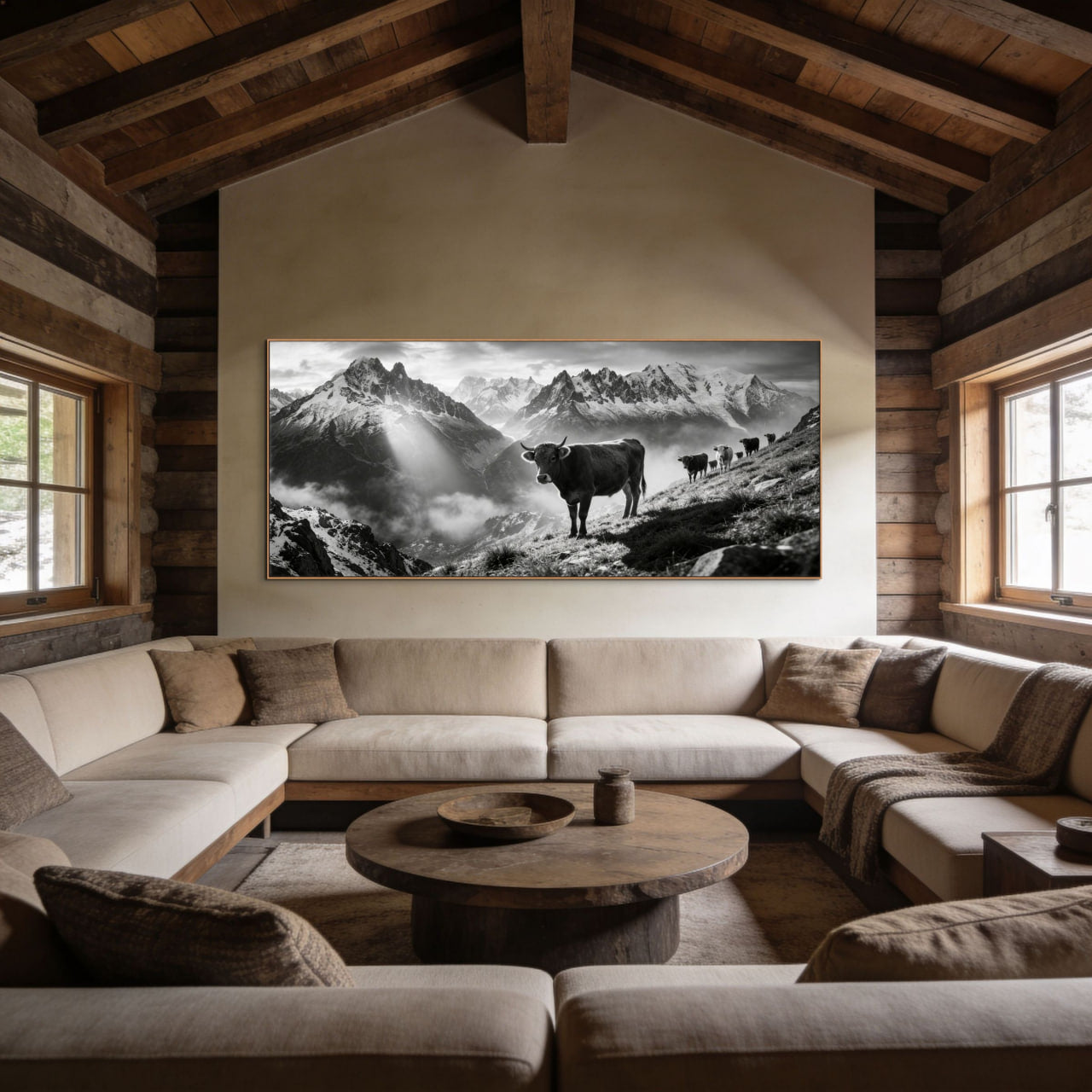 Silent Alpine Presence – Alu-Dibond wall art showcasing a serene alpine scene with cows and mountains.