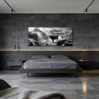 Silent Alpine Presence – Alu-Dibond wall art displayed above a modern bed in a stylish bedroom.