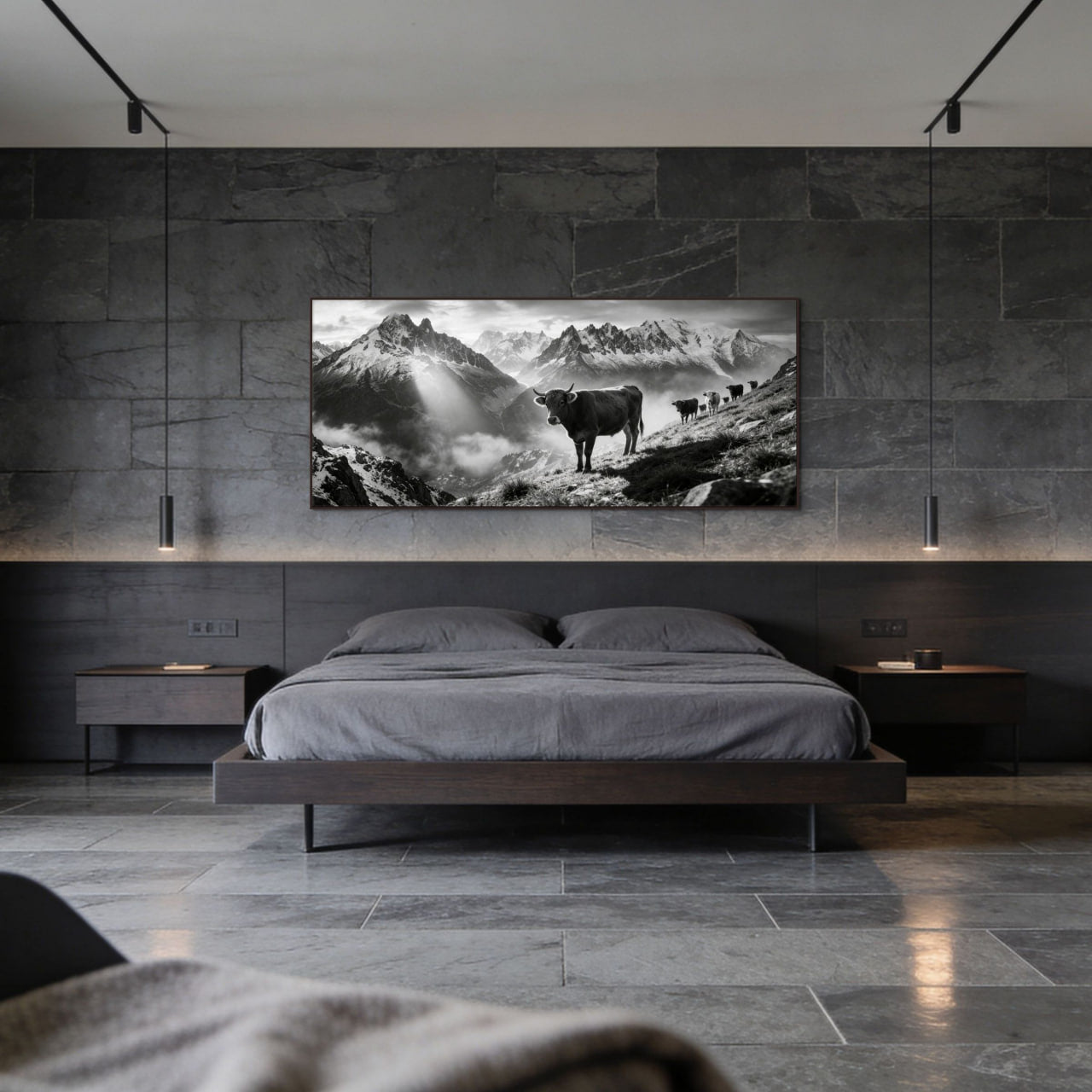 Silent Alpine Presence – Alu-Dibond wall art displayed above a modern bed in a stylish bedroom.