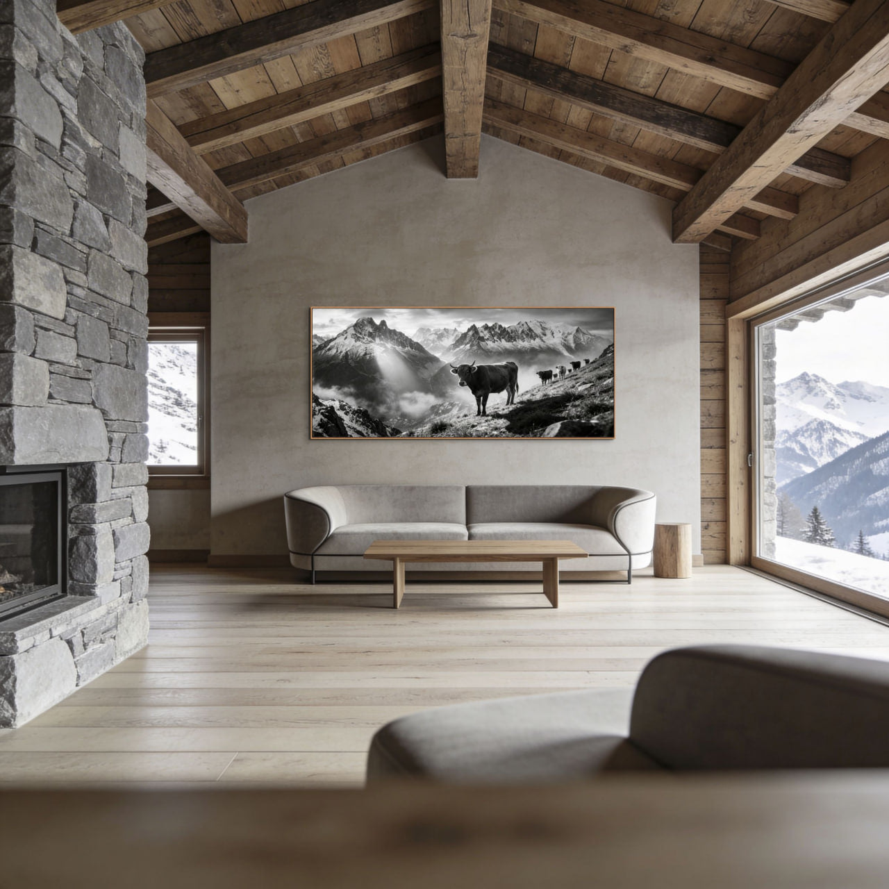 Silent Alpine Presence – Alu-Dibond wall art showcased in a rustic mountain cabin interior.