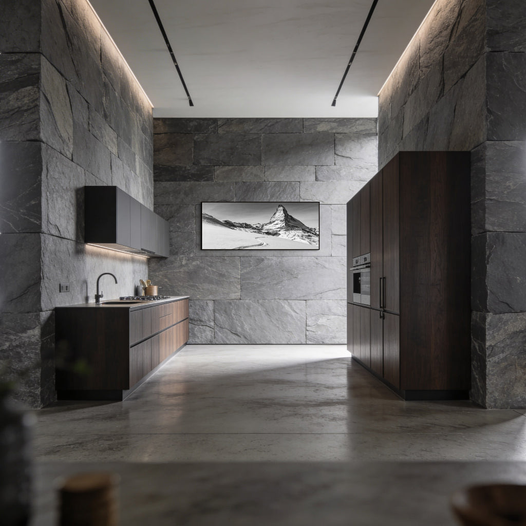 Silent Route to the Matterhorn – Alu-Dibond wall art displayed in a modern kitchen with stone walls and wooden cabinetry.