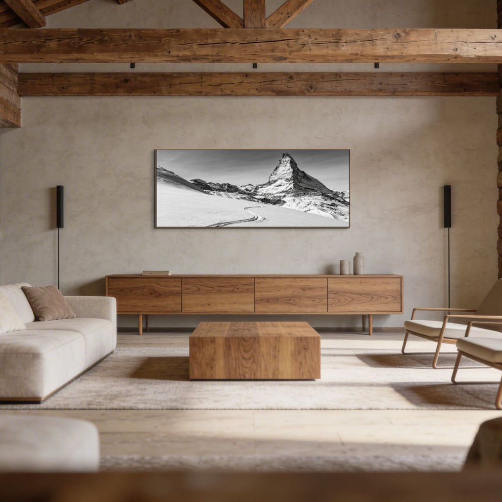 Silent Route to the Matterhorn – Alu-Dibond wall art displayed in a modern alpine living room.