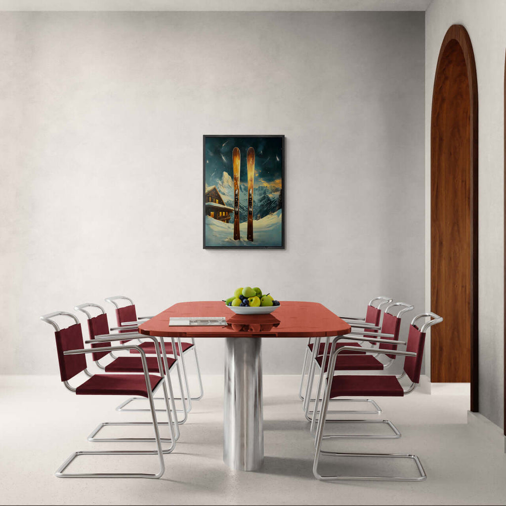 Ski Adventure Awaits - Poster displayed in modern dining area with table and chairs.