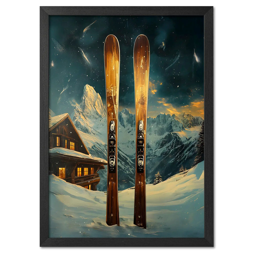 Ski Adventure Awaits - Poster featuring wooden skis in snow with alpine chalet and mountains at night.