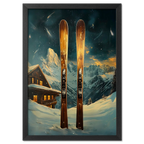 Ski Adventure Awaits - Poster featuring wooden skis in snow with alpine chalet and mountains at night.