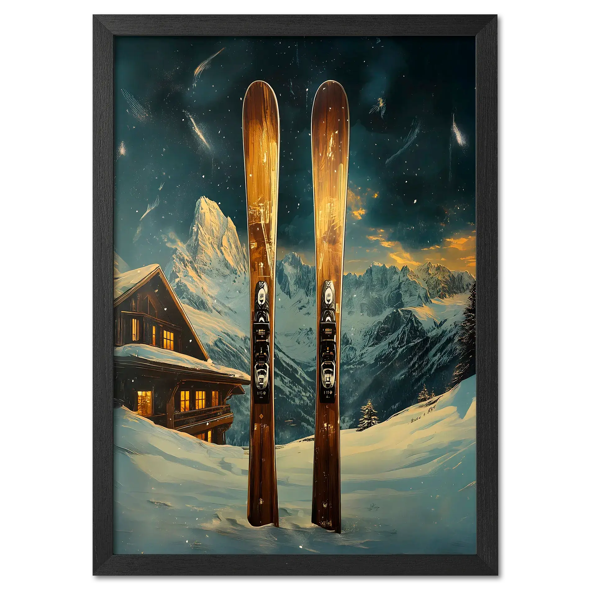 Ski Adventure Awaits - Poster featuring wooden skis in snow with alpine chalet and mountains at night.