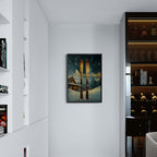 Ski Adventure Awaits - Poster showing wooden skis in snow with chalet and mountains, ideal Wall Art for modern interiors.
