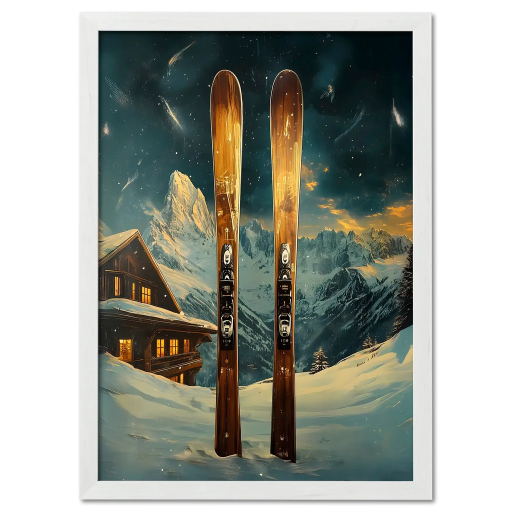 Ski Adventure Awaits - Poster featuring wooden skis in snow with a chalet and mountains under a starry sky.