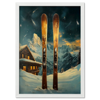 Ski Adventure Awaits - Poster featuring wooden skis in snow with a chalet and mountains under a starry sky.