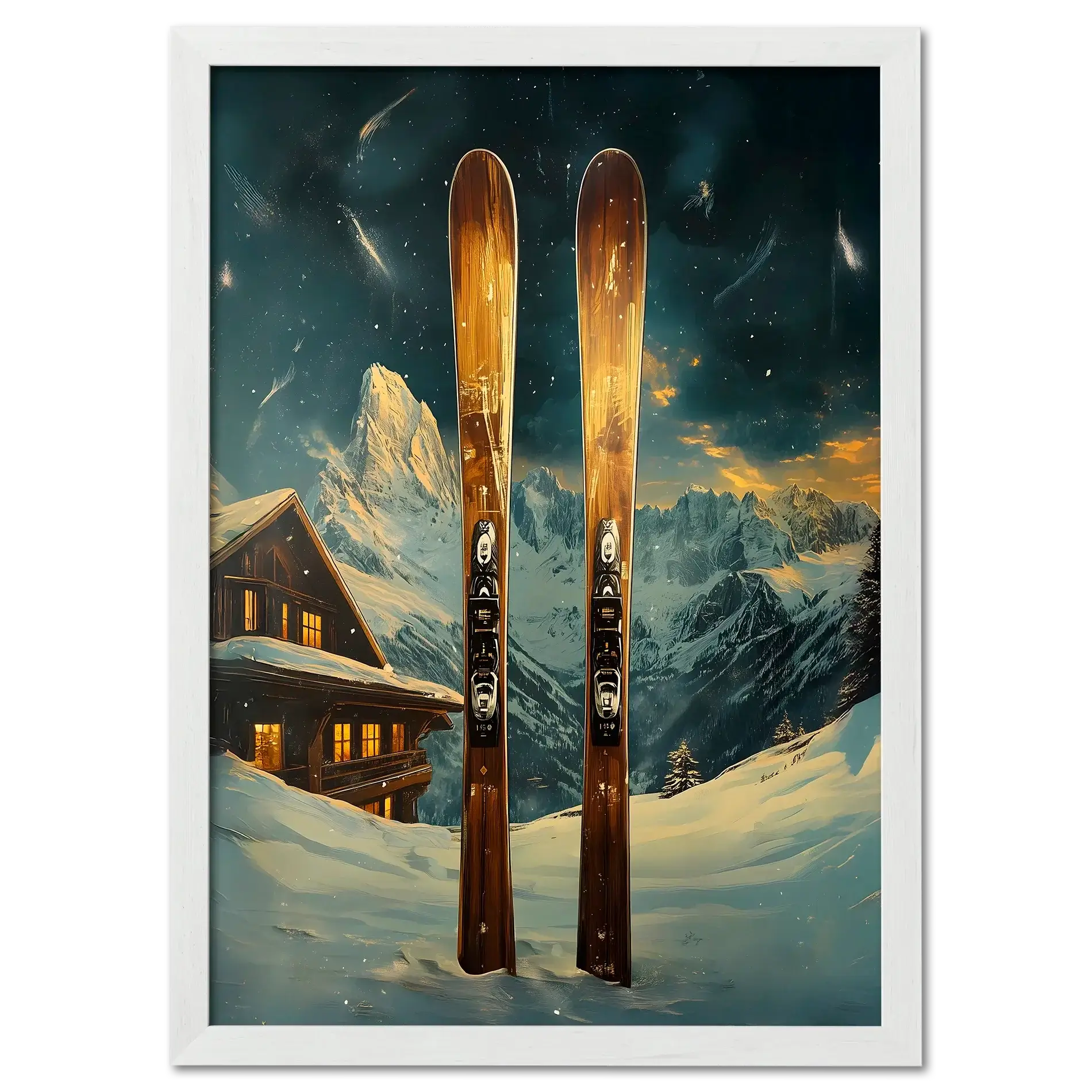 Ski Adventure Awaits - Poster featuring wooden skis in snow with a chalet and mountains under a starry sky.