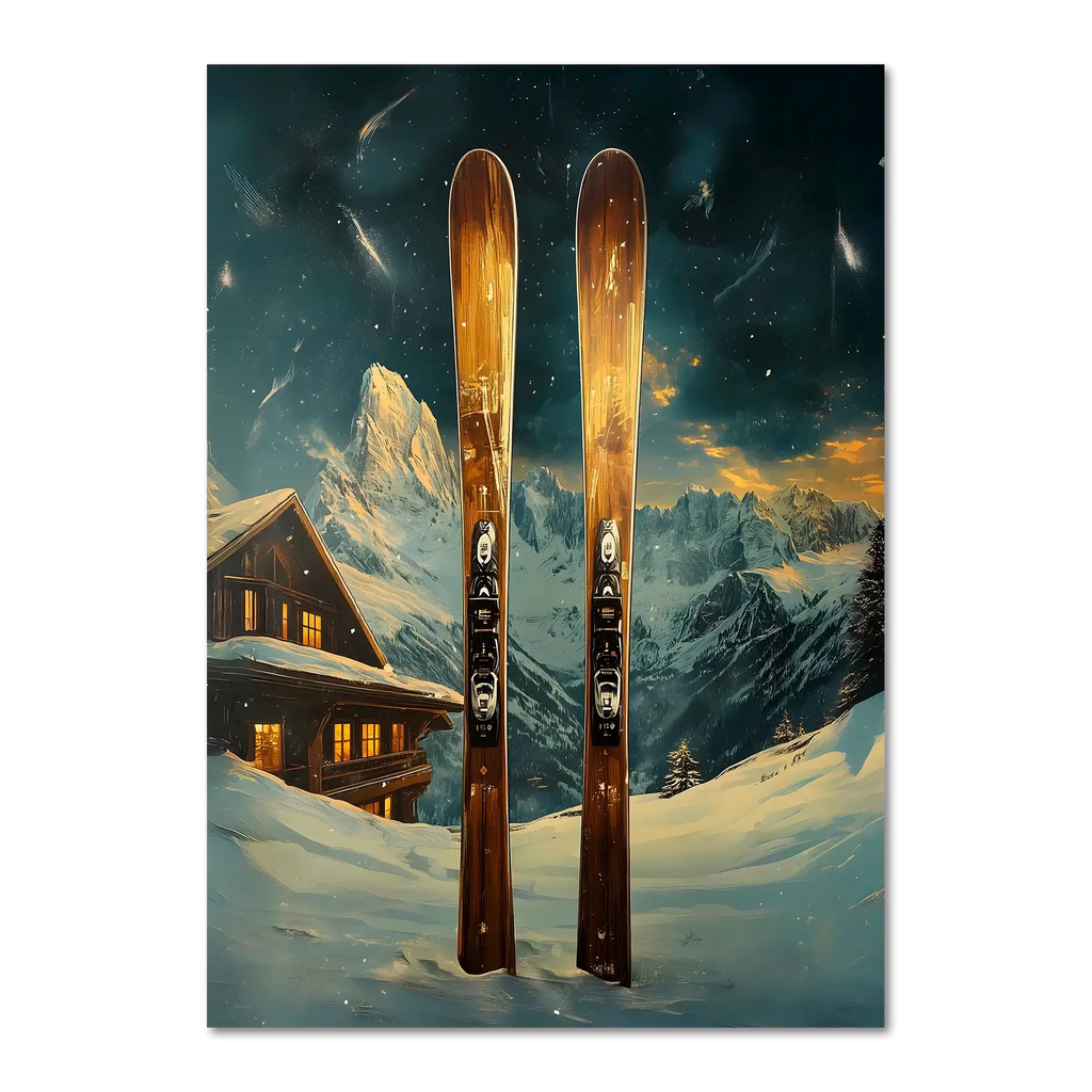 Ski Adventure Awaits - Poster featuring wooden skis in fresh snow with an alpine chalet and mountains.