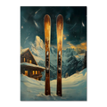 Ski Adventure Awaits - Poster featuring wooden skis in fresh snow with an alpine chalet and mountains.