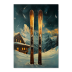Ski Adventure Awaits - Poster featuring wooden skis in fresh snow with an alpine chalet and mountains.
