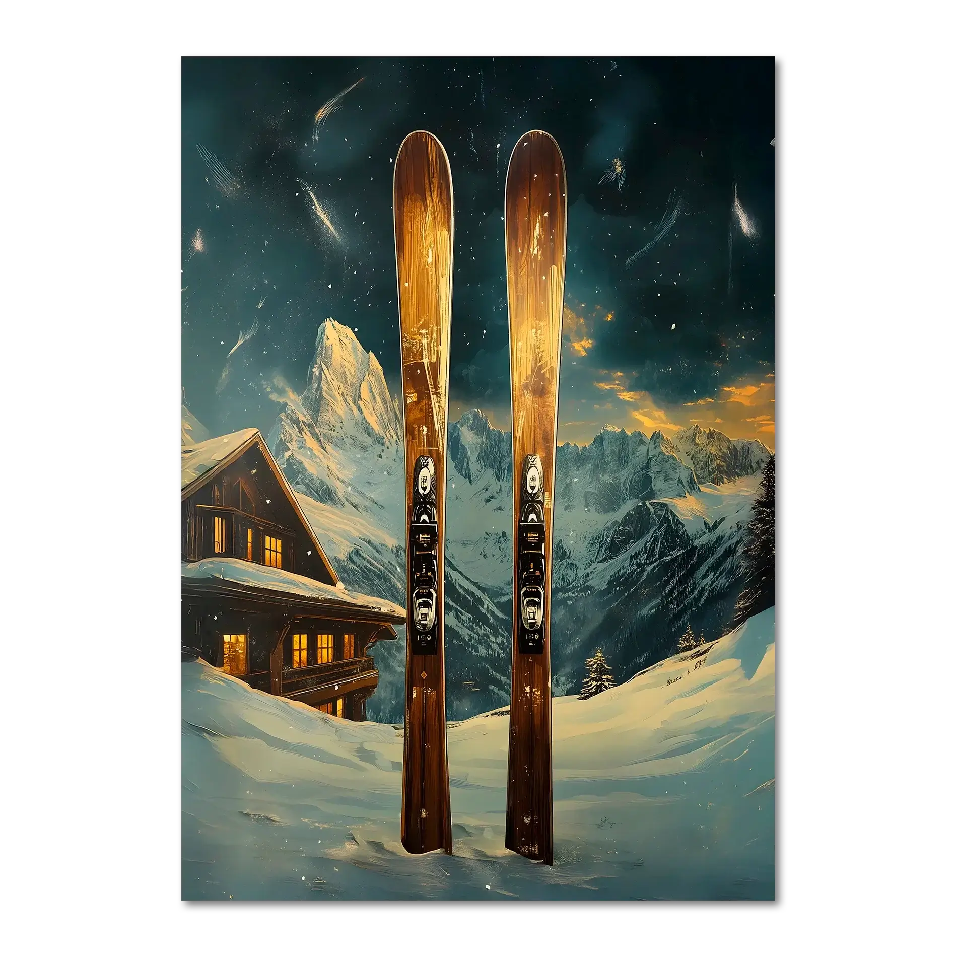 Ski Adventure Awaits - Poster featuring wooden skis in fresh snow with an alpine chalet and mountains.
