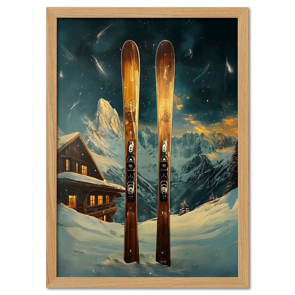 Ski Adventure Awaits - Poster featuring wooden skis in fresh snow with an alpine chalet and mountain peaks.