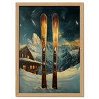 Ski Adventure Awaits - Poster featuring wooden skis in fresh snow with an alpine chalet and mountain peaks.