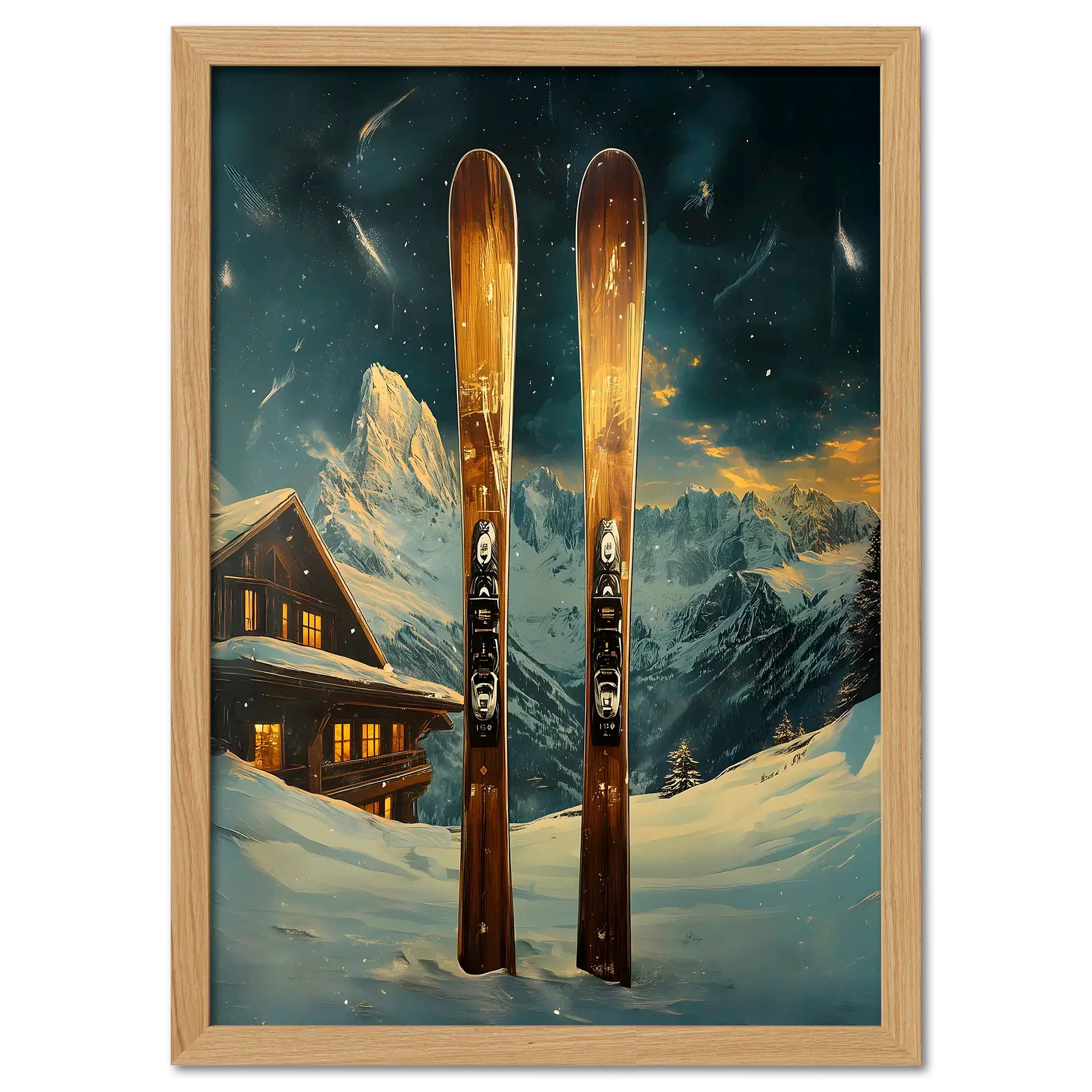 Ski Adventure Awaits - Poster featuring wooden skis in fresh snow with an alpine chalet and mountain peaks.