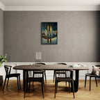 Ski Adventure Awaits - Poster showcasing wooden skis, snowy background, and a warm chalet, perfect for modern wall art.