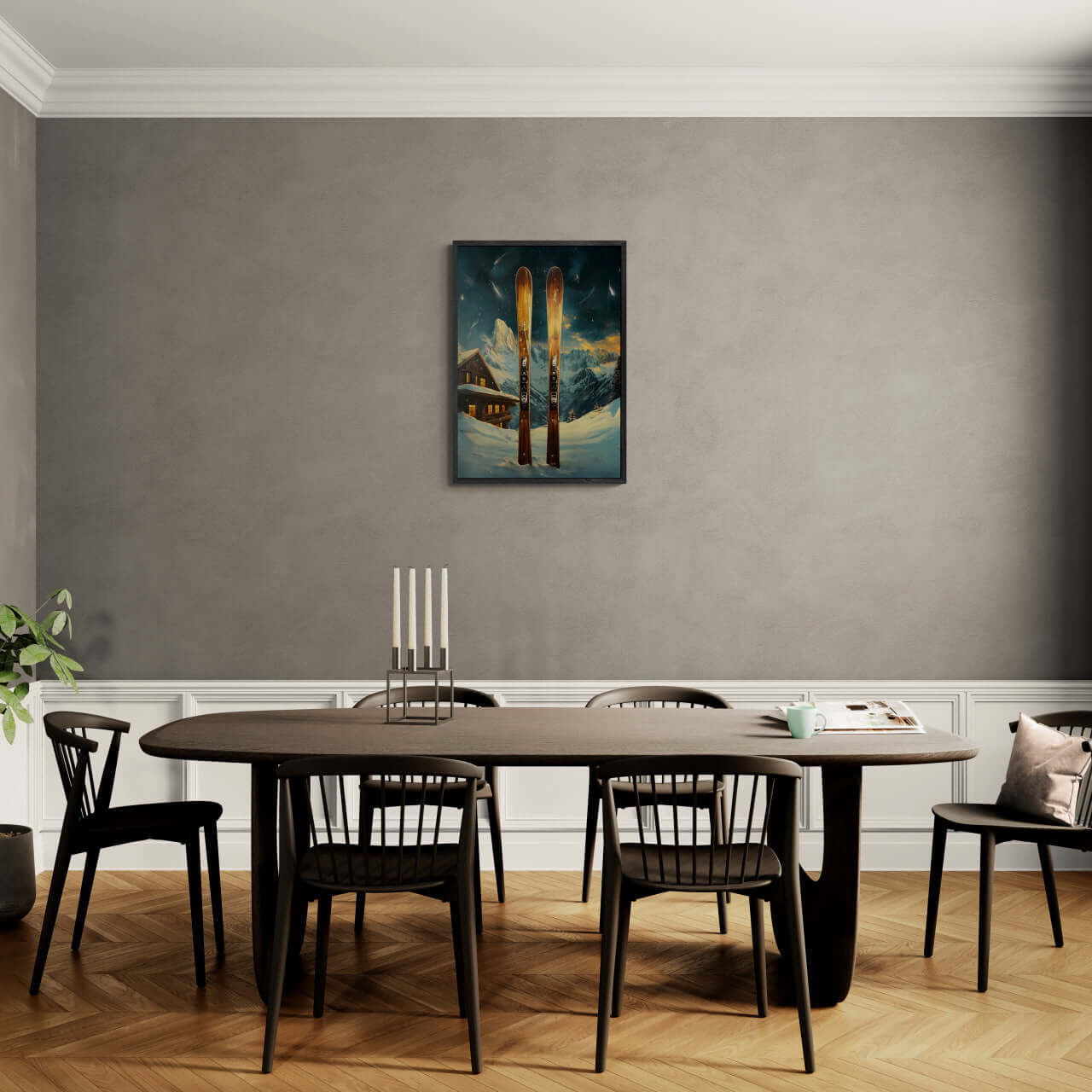 Ski Adventure Awaits - Poster showcasing wooden skis, snowy background, and a warm chalet, perfect for modern wall art.