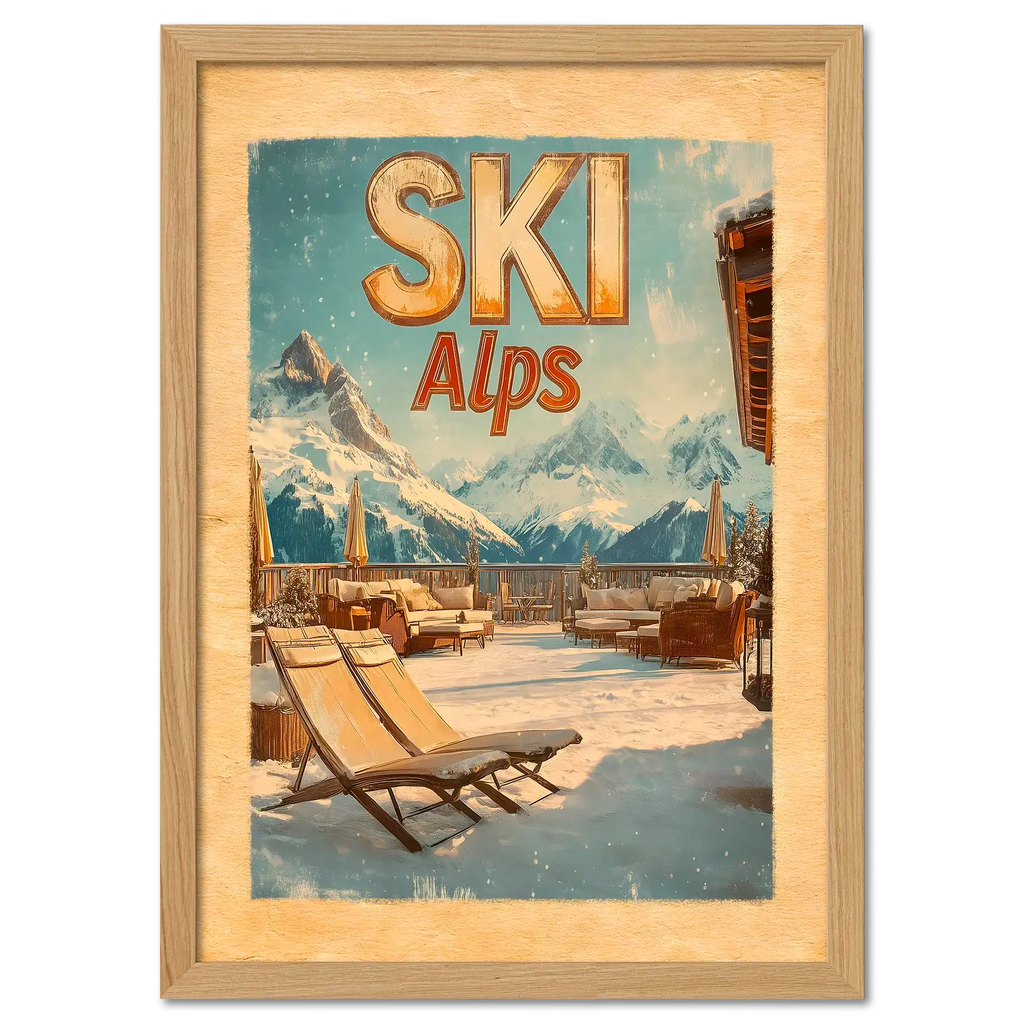 Ski Alps Retreat - Poster featuring lounge chairs on snow with mountain peaks and clear sky.