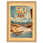 Ski Alps Retreat - Poster featuring lounge chairs on snow with mountain peaks and clear sky.